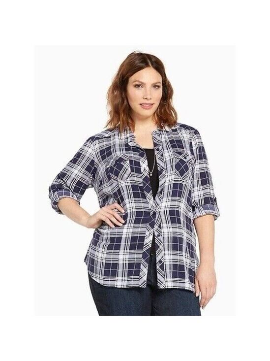Torrid Tops - Torrid Blue & White Plaid Checker Gingham Long Sleeve Button Up Shirt Top Size 3